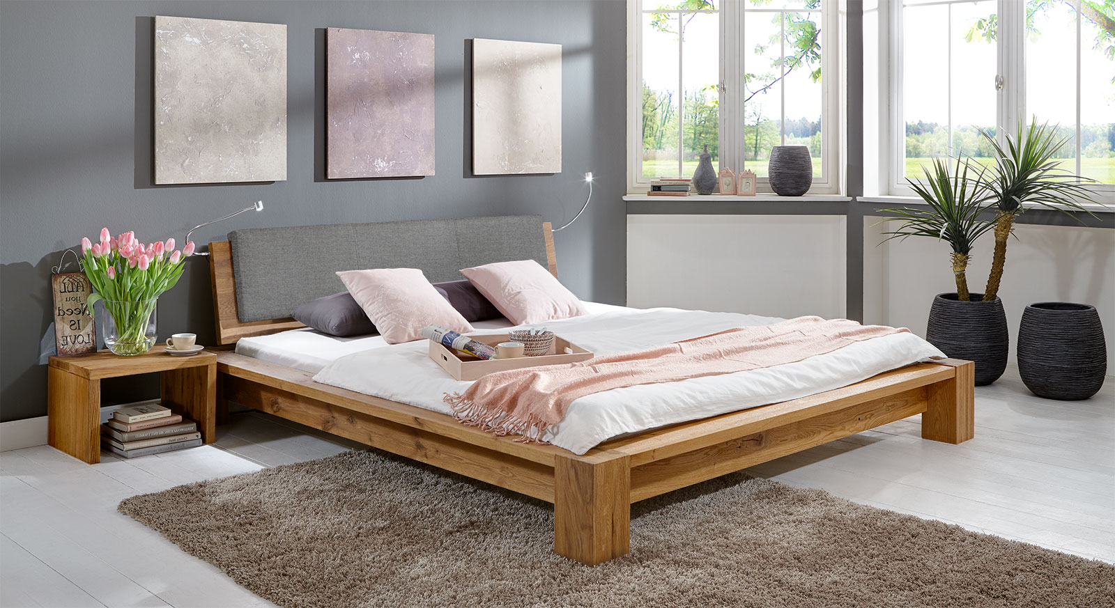 Wildeiche Domingo - Massivholz-Bett mit Holz-Kopfteil aus geölter