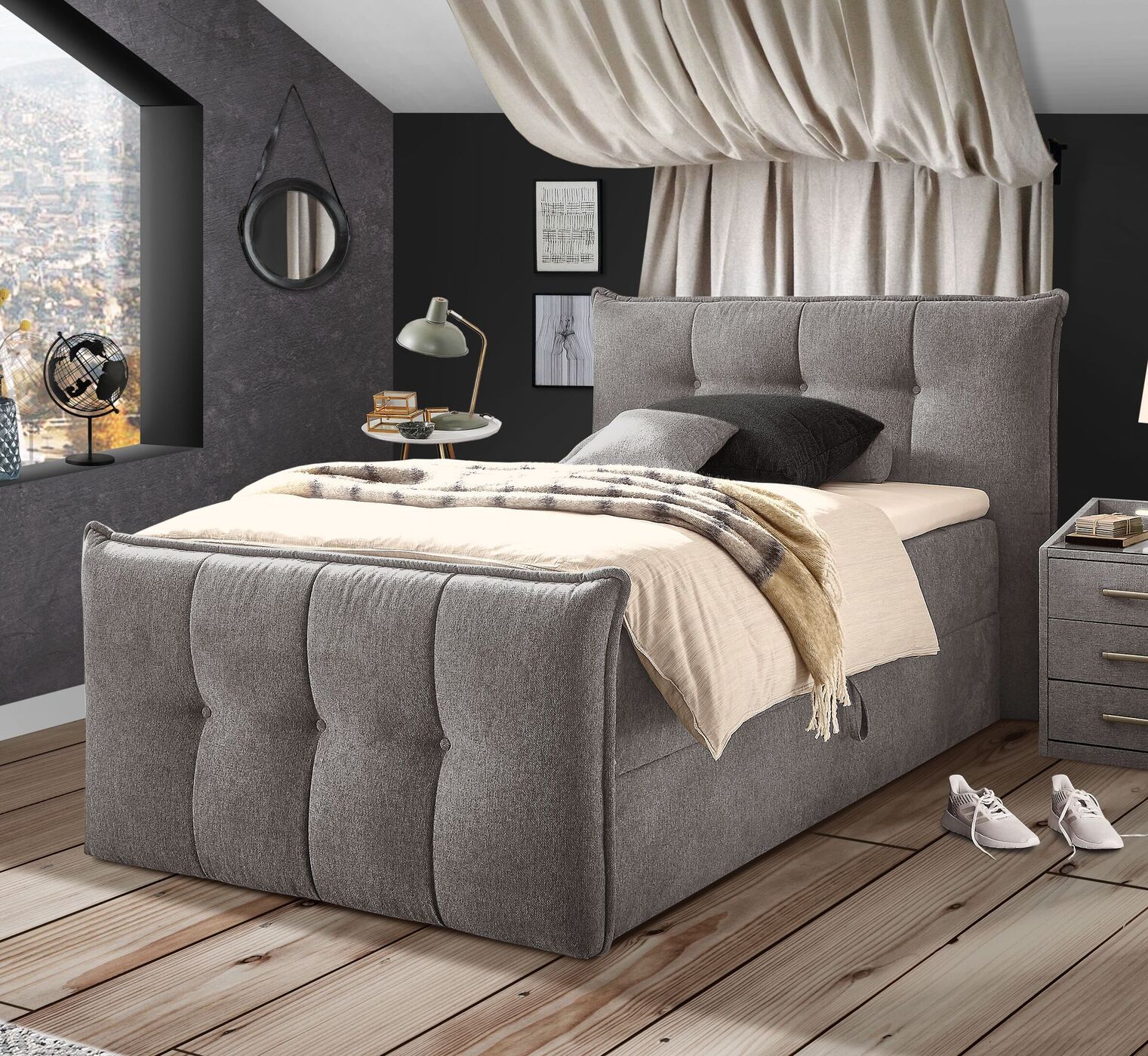 Darcy - Bettkasten-Einzel-Boxbett mit in Fußteil erhöhtem Grau